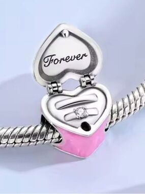 Silver & Pink Heart Ring Box Charm 'Forever' & Rings